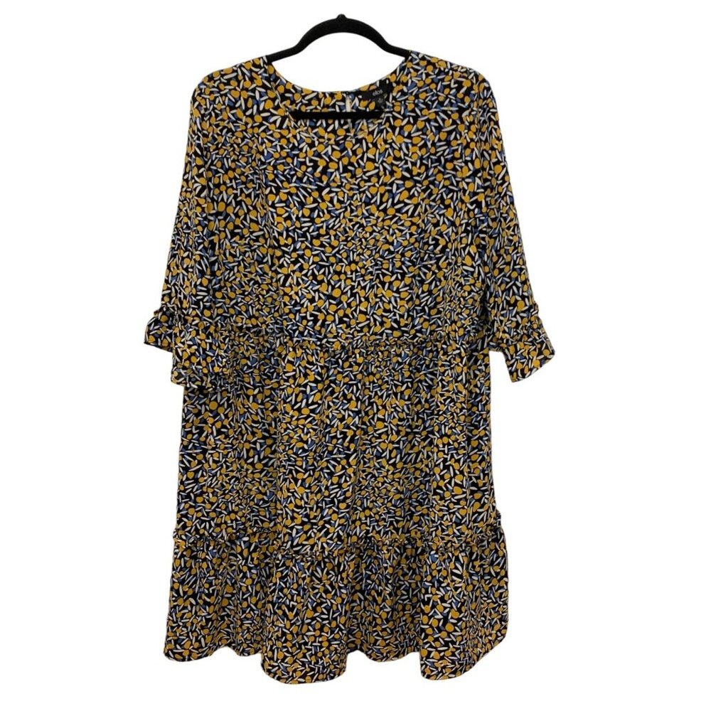 NWOT Ellos Women's Floral Geometric Ruffled Midi Dress Sz 28 Yellow Blue White